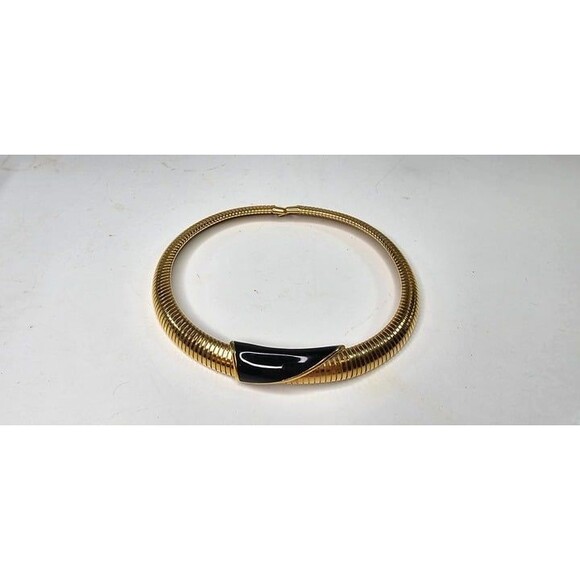 Vintage MONET Gold Tone Choker Omega Chain Black Enamel Necklace 16.5"L 1980s - Picture 1 of 6